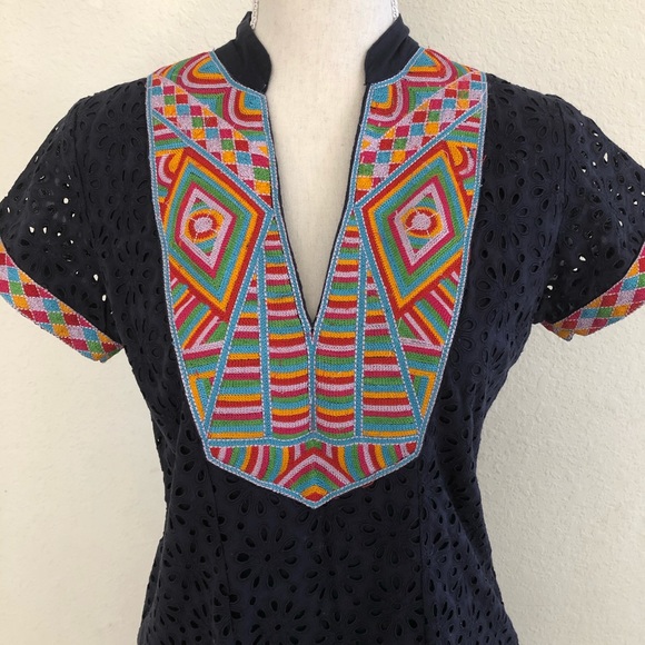 Batik Blue Dress Short Sleeve Aztec Embroidery - Picture 4 of 11